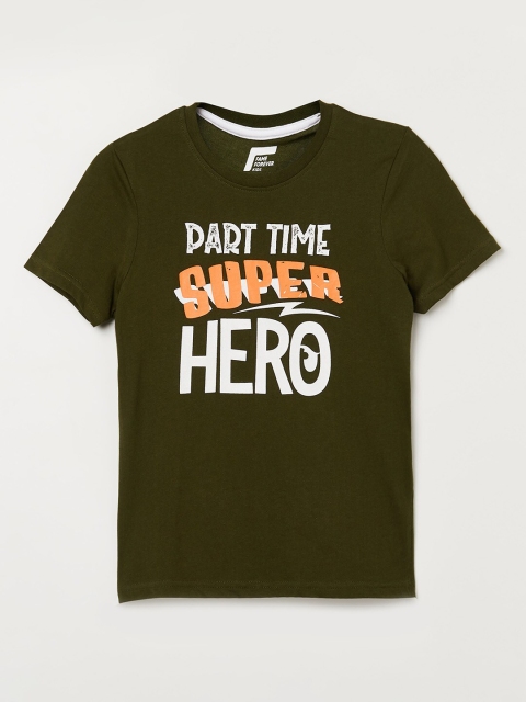

Fame Forever by Lifestyle Boys Olive Green Typography Printed Applique T-shirt