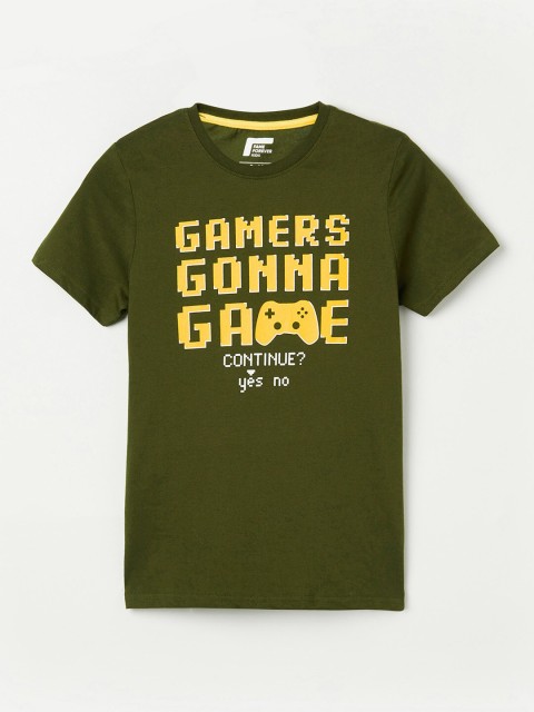 

Fame Forever by Lifestyle Boys Olive Green Typography Printed T-shirt