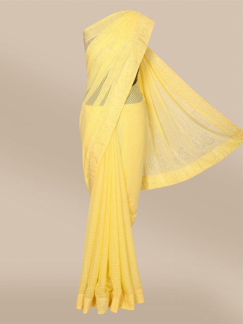 

The Chennai Silks Yellow & Silver Striped Beads and Stones Saree