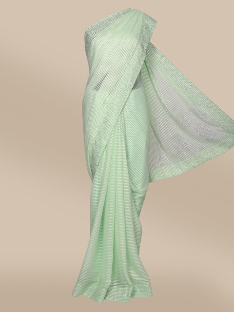 

The Chennai Silks Green & Silver Striped Beads and Stones Saree