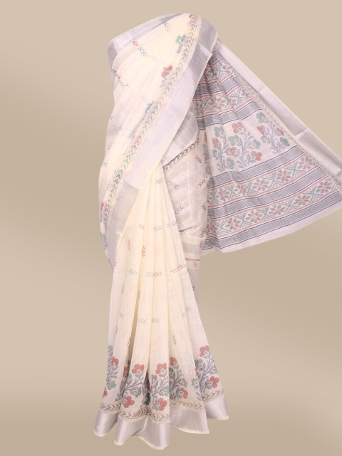 

The Chennai Silks Off White & Red Floral Zari Fusion Bhagalpuri Saree