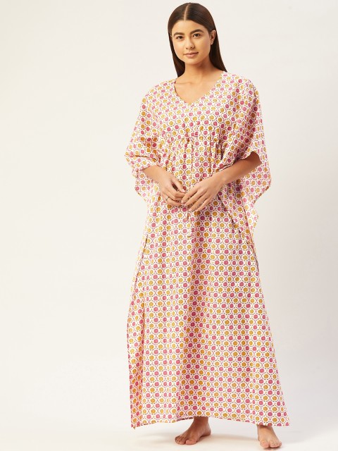 

Ikk Kudi by Seerat White Printed Maxi Floral Jal Cotton Kaftan Nightdress