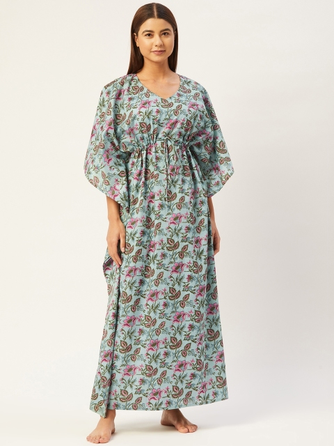

Ikk Kudi by Seerat Turquoise Blue Printed Maxi Floral Jal Cotton Kaftan Nightdress