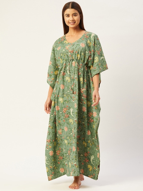 

Ikk Kudi by Seerat Green Printed Maxi Floral Jal Cotton Kaftan Nightdress