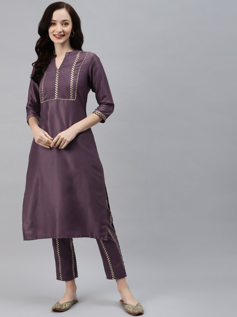 

ZIYAA Women Purple Yoke Design Foil Print Kurta with Trousers