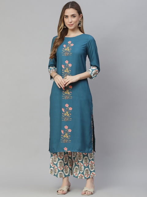 

ZIYAA Women Teal Floral Printed Regular Kurta with Palazzos