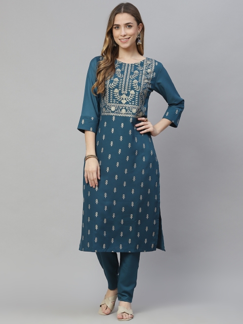 

ZIYAA Women Teal Floral Printed Regular Kurta with Trousers