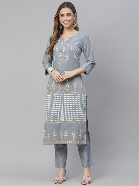 

ZIYAA Women Grey Ethnic Motifs Printed Regular Gotta Patti Kurta with Trousers