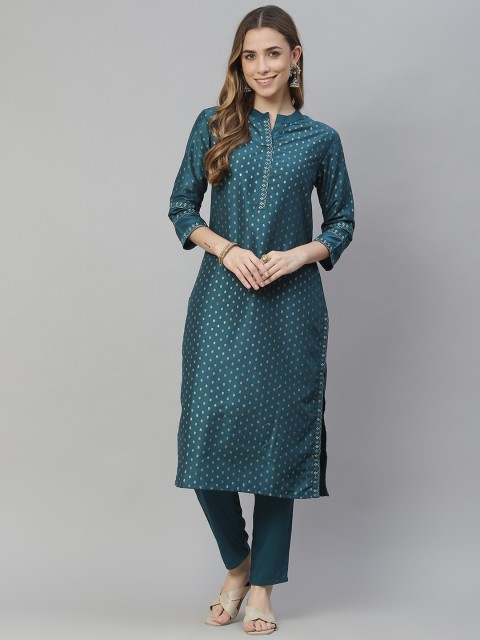 

ZIYAA Women Teal Ethnic Motifs Printed Regular Kurta with Trousers