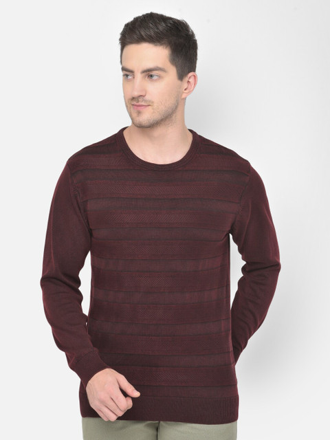 

COBB Men Burgundy Striped Pullover Acrylic Sweater