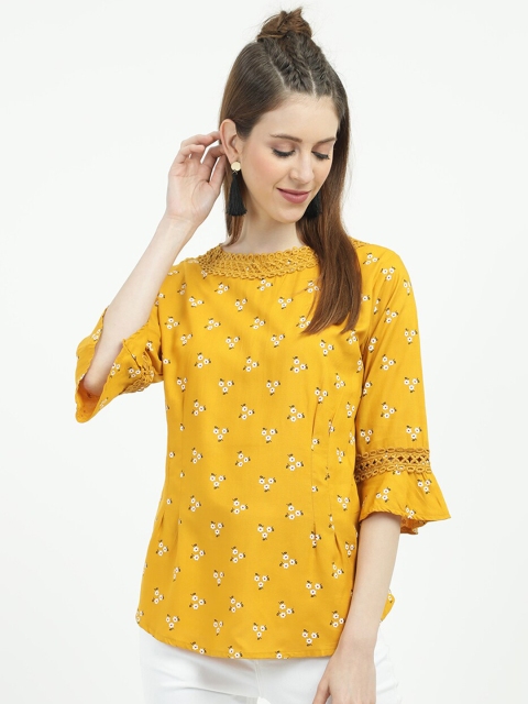 

V2 Value & Variety Mustard Yellow & White Floral Regular Top