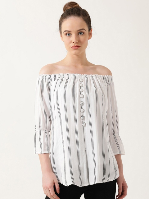 

V2 Value & Variety White & Grey Striped Off-Shoulder Bardot Top