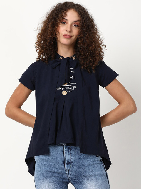 

V2 Value & Variety Navy Blue Tie-Up Neck High-Low Top