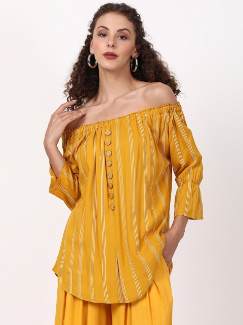 

V2 Value & Variety Mustard Yellow & Beige Striped Off-Shoulder Bardot Top