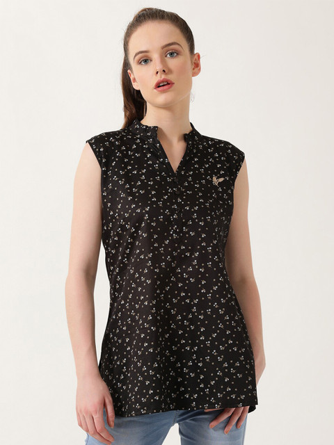 

V2 Value & Variety Black & White Floral Mandarin Collar Regular Top
