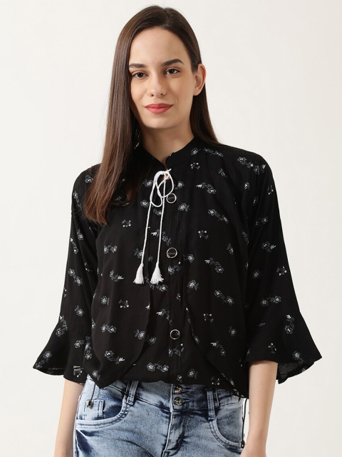 

V2 Value & Variety Black & Grey Floral Tie-Up Neck Regular Top