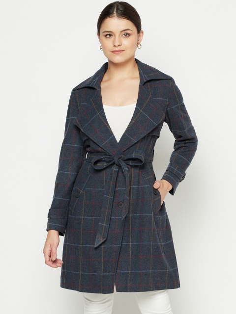 

Owncraft Women Grey Checked Single-Breasted Wool Trench Coat