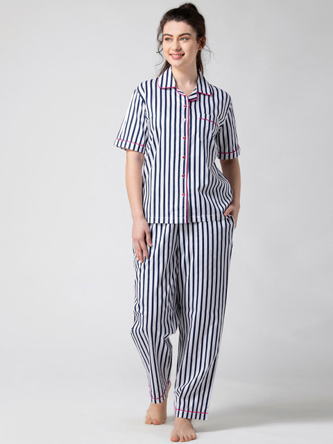 

ADORENITE Women White & Navy Blue Striped Night suit