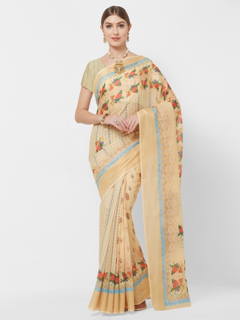

Mitera Yellow Linen Blend Floral Printed Saree