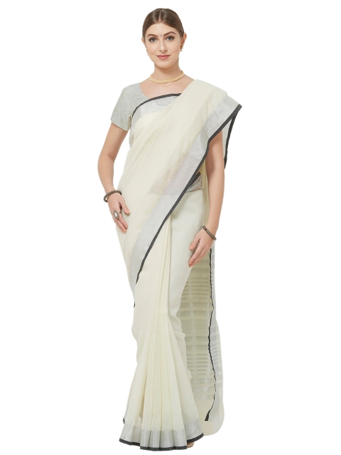 

Mitera Cream-Coloured & Grey Zari Linen Blend Saree