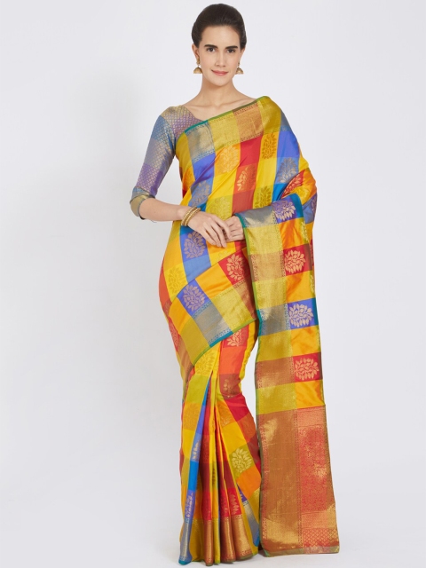 

Mitera Yellow & Blue Checked Zari Silk Blend Saree