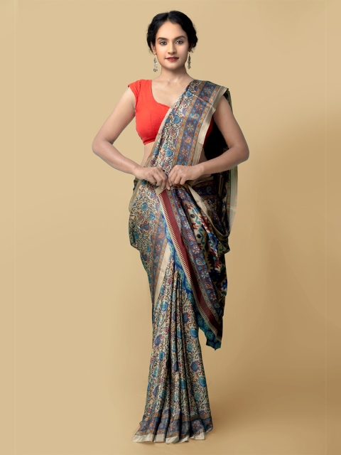 

Unnati Silks Brown & Blue Paisley Printed Crepe Art Silk Baluchari Saree