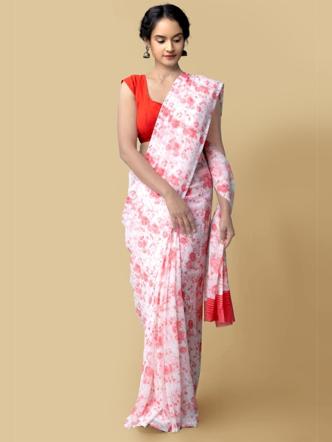 

Unnati Silks Cream-Coloured & Red Floral Printed Georgette Saree
