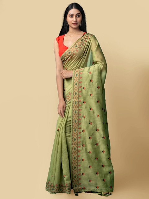

Unnati Silks Green & Orange Floral Silk Cotton Baluchari Saree