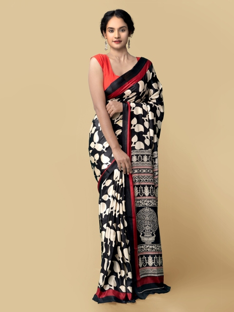 

Unnati Silks Black & White Floral Art Silk Baluchari Saree