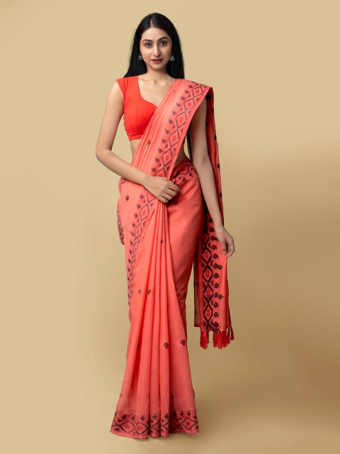 

Unnati Silks Red & Grey Floral Embroidered Silk Cotton Baluchari Saree