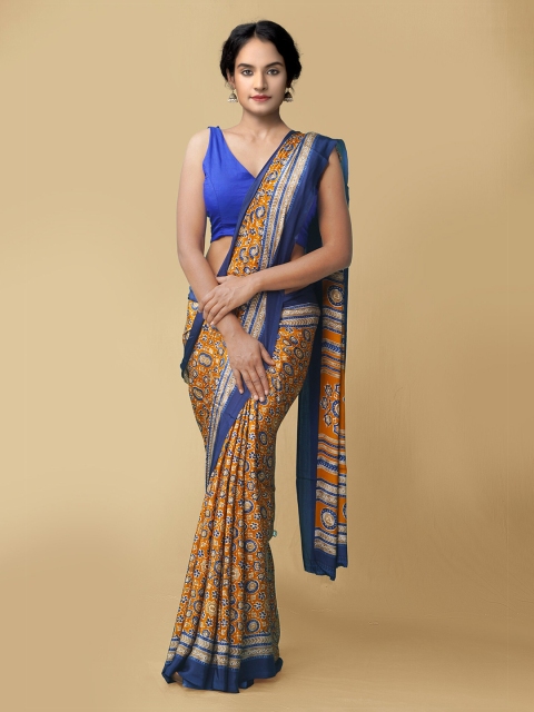 

Unnati Silks Women Orange & Blue Printed Crepe Art Silk Saree