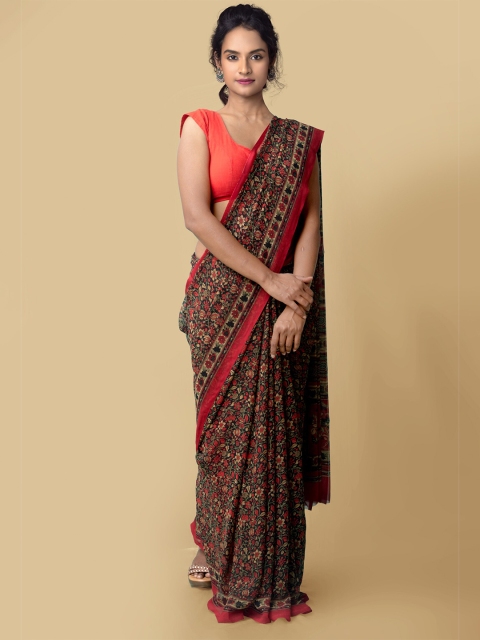 

Unnati Silks Black & Red Floral Block Print Saree