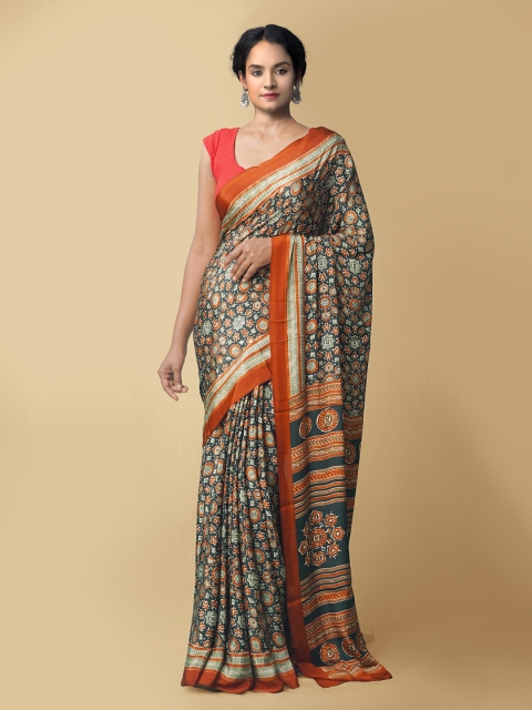 

Unnati Silks Black & Orange Ethnic Motifs Art Silk Baluchari Saree