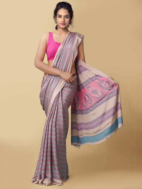 

Unnati Silks Pink & Lavender Ethnic Motifs Art Silk Baluchari Saree