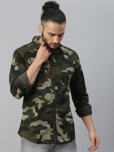 

Dennis Lingo Men Olive Green Comfort Slim Fit Opaque Printed Casual Shirt