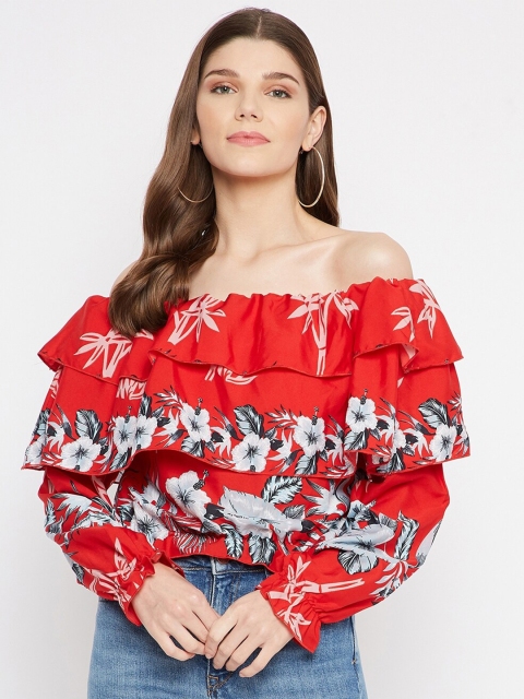 

U&F Red Floral Off-Shoulder Ruffles Bardot Top