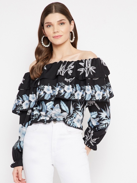 

U&F Black Floral Off-Shoulder Ruffles Bardot Top