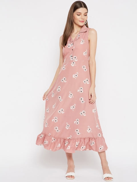 

U&F Pink Floral Crepe A-Line Midi Dress