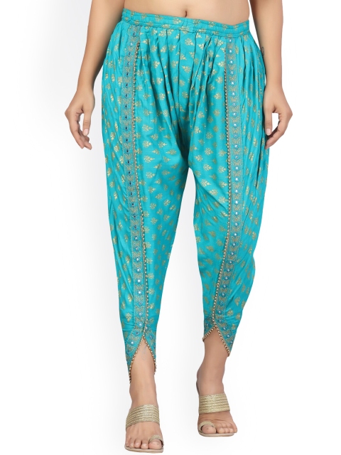 

Aarika Women Turquoise Blue & Gold-Coloured Printed Cotton Dhoti Pants