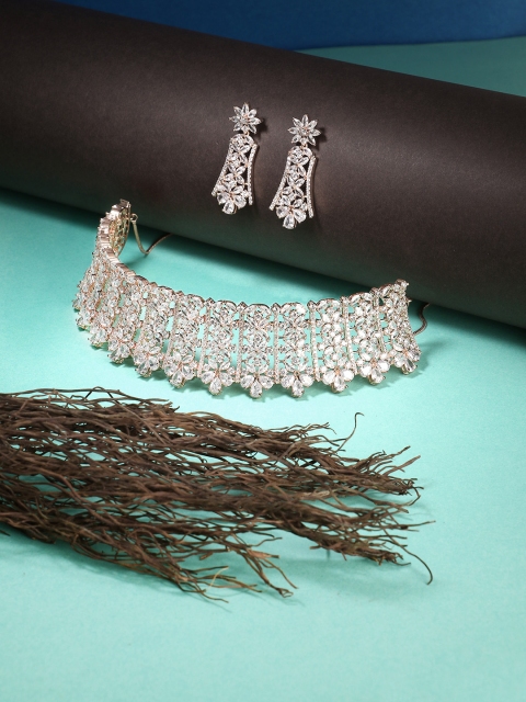 

Adwitiya Collection 24 CT Rose Gold-Plated White CZ-Studded Jewellery Set