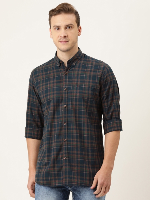 

Peter England Casuals Men Blue & Brown Slim Fit Opaque Checked Casual Shirt