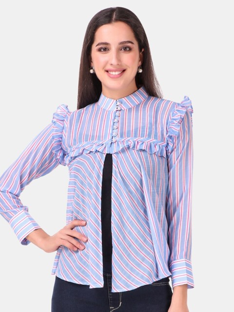 

Mesmora Blue Striped Ruffles Crepe Shirt Style Top