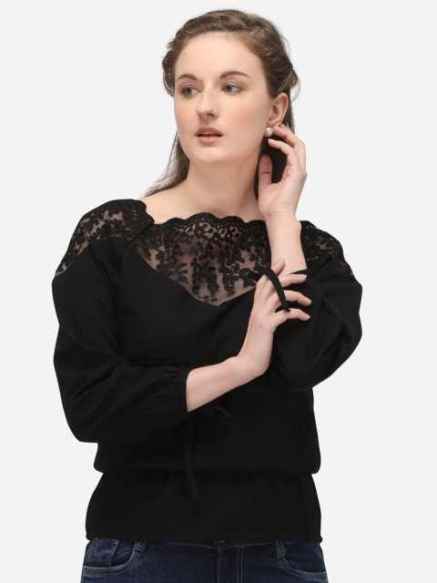 

Mesmora Black Floral Embroidered Cotton Styled Back Top