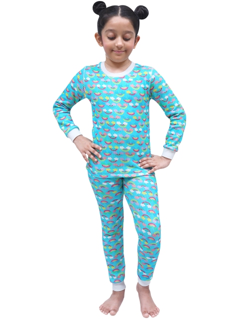 

D'chica Girls Blue & Pink Rainbow Print thermal Top & Bottom Set For Girls Blue