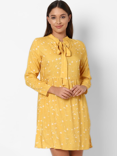 

Allen Solly Woman Yellow Floral Tie-Up Neck A-Line Dress