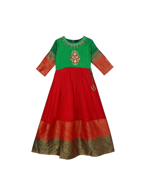 

Ishin Green & Red Floral Embroidered Ethnic Maxi Fit & Flare Dress