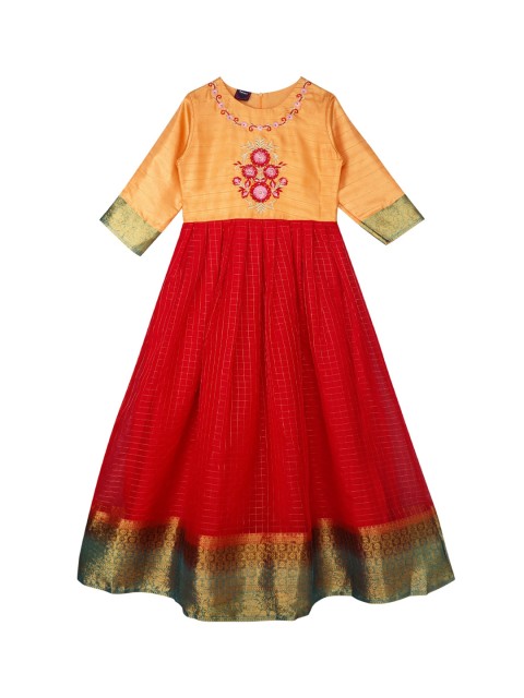 

Ishin Orange Floral Embroidered Ethnic Maxi Fit & Flare Dress