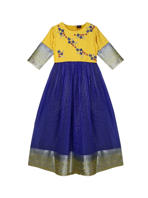 

Ishin Yellow & Blue Floral Embroidered Ethnic Maxi Fit & Flare Dress