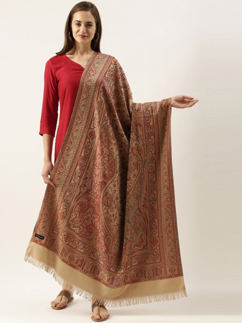 

Pashmoda Women Beige & Maroon Woven Design Jamawar Shawl