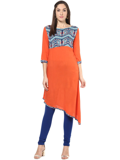 

StyleStone Orange & Blue Geometric Printed Boat Neck Pure Cotton Kurti
